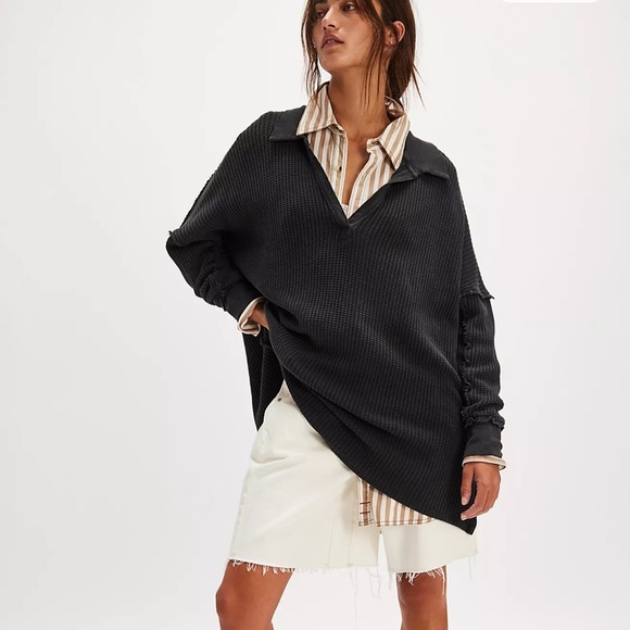 Free People We The Free Travis Oversized Thermal V Neck Polo Top